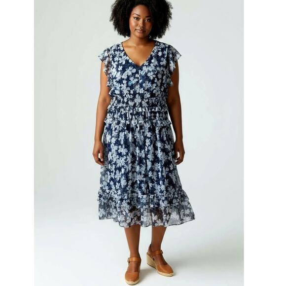 LANE BRYANT Midi Dress Plus 26/28 4X Flowy Floral Ruffle Romantic Cottage Artsy - Picture 1 of 12